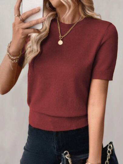Calvaya Casual Solid Color Short Sleeve Knit Top For Spring/Autumn For New Year Clothes