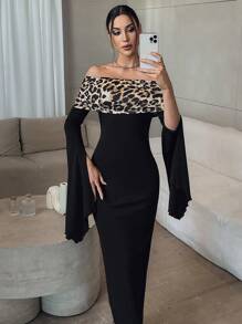Firerie 1 pieza Vestido elegante de mujer con estampado de leopardo, manga de campana y hombros descubiertos