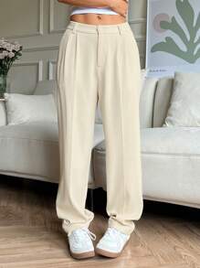 Muchica 秋冬女士休闲纯色褶皱阔腿直筒裤 - 杏色 - 查看 4