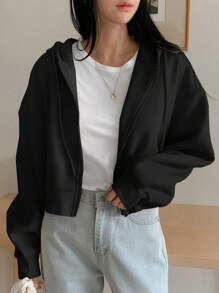 DAZY 女式短款宽松休闲羊毛连帽衫，秋季服装运动衫夹克拉链 - 黑色 - 查看 4