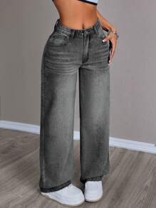 SHEIN PETITE Women Casual Washed Straight Leg Jeans, Suitable For Spring And Autumn - Dark Grey - View 3