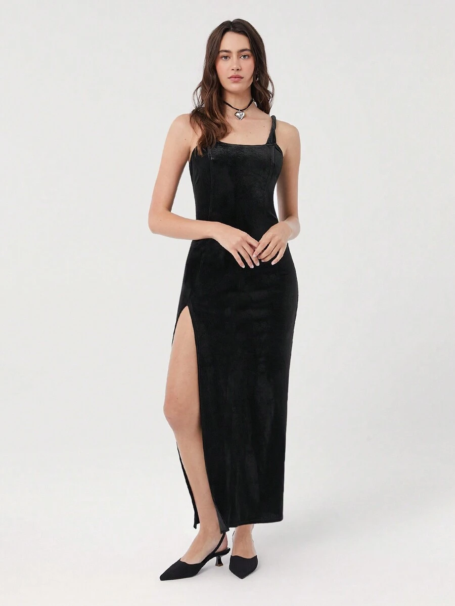 Muchica Black Velvet Bodycon Slit Dress For Women - Black - View 1
