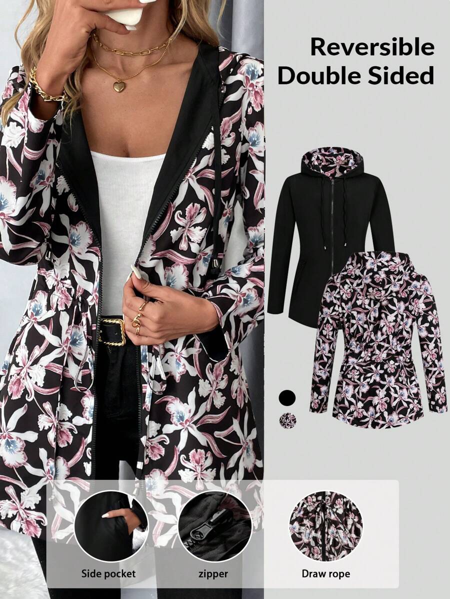 SHEIN Clasi 女士双面连帽长袖抽绳休闲夹克 冬季女装