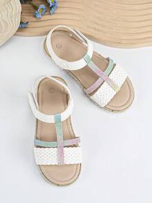 Cute & Fashionable Kids Flat Woven Straw Sandals For Girls - White - View 3