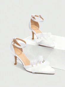 CUCCOO HITCHD Bridal Pointed Toe Low Heel White Lace Trim Gold Rivet Women Wedding High Heel Pumps - White - View 2