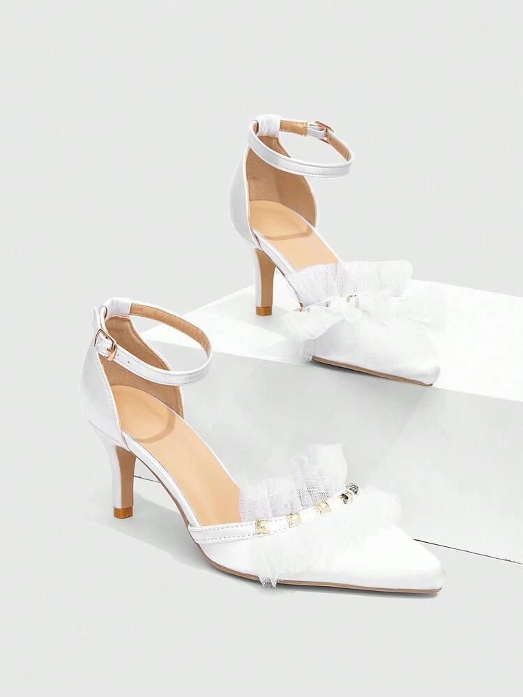 CUCCOO HITCHD Bridal Pointed Toe Low Heel White Lace Trim Gold Rivet Women Wedding High Heel Pumps