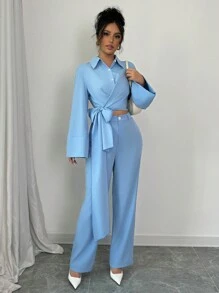 Elenzga 2 件套女士休闲纯色喇叭袖打结腰衬衫和裤子套装，秋季 - 藍色 - 查看 5