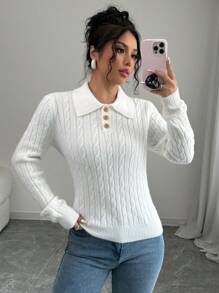 Chiquease Áo len dệt kim màu trơn đơn giản ôm vừa vặn cho mùa thu/đông - trắng - Xem 4