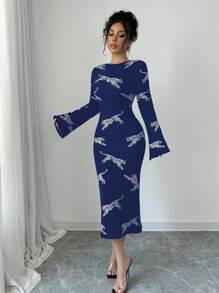 Elenzga Women's Autumn Fashion Leopard Print Long Sleeve Bodycon Sweater Dress Fall Cloth For Women - Blue - View 6