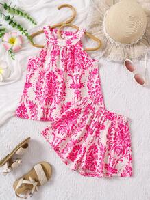 2pcs/Set Pakaian Anak Perempuan Musim Panas Modis Kasual Longgar Vintage Bernapas Atasan Tanpa Lengan Motif Digital + Celana Pendek - Hot Pink - View 3