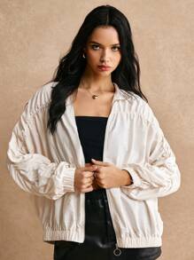 Poéselle Chaquetas plisadas beige, chaquetas bomber, chaquetas para exteriores, gabardinas, chaquetas simples de color liso con cremallera delantera y manga larga fruncida para mujeres, ropa de mujer para otoño, casual y cómoda, se puede usar como protección solar, para uso casual diario