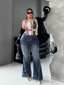 SHEIN ICON Quần jeans ống loe co giãn màu xanh dương cỡ lớn, kiểu dáng Y2K mùa thu đông, phong cách retro dành cho nữ. - Rửa trung bình - Xem 4