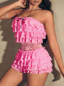 Zolique Lace Spliced Bow Decor Ruffled Tube Top Jumpsuit, Casual Holiday Attire - Pink - View 3