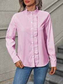 SHEIN LUNE 1 件女式前扣荷叶边条纹休闲衬衫，长袖简约日常穿着女式衬衫 - 粉色 - 查看 3