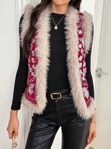 SHEIN Clasi 女士花卉拼布毛绒背心加厚棉服外套，冬季服装 - 酒紅色 - 查看 3