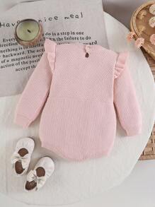 SHEIN Bodys con suéter de punto para bebé niña, en color cálido caqui con mangas cortas, con textura de pompones, de tela elástica, apropiado para el hogar, vacaciones, viajes, otoño/invierno - Rosa - Ver 2