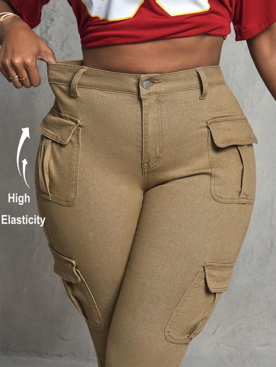 SHEIN PETITE CURVE Plus Size Women Khaki Denim Skinny Cargo Pants Summer Vacations Woman 90s Clothes Springs For Women Y2k Clothes Cowgirls For Women Rave Spring Breaks Going Outs Streetwear 2000s Style Raves Country Concert Festivals For Women - Khaki - View 1