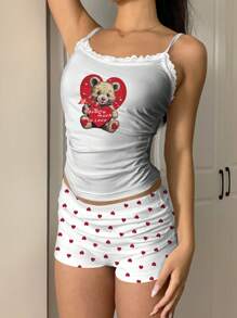 Whitebread SHEIN EZwear 艺术家 2 件套心形泰迪熊蕾丝花边吊带背心和褶皱短裤，适合夏季 - 白色 - 查看 4