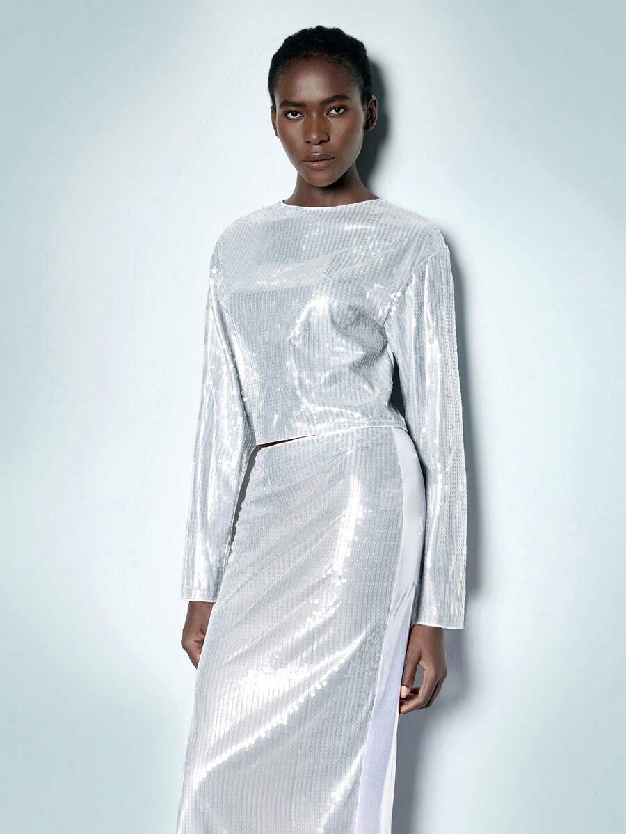 SHEIN Maija Autumn/Winter New Arrival Back To School/Holiday Urban Elegant Party Modern Silver Sequin Women Long Sleeve Top - Silver - View 1