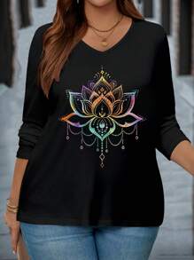 EMERY ROSE Casual Simple Lotus Floral Print V-Neck Long Sleeve Plus Size Black T-Shirt, Spring/Autumn