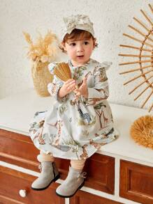 SHEIN Baby Girls Cute Animal Print Long Sleeve Dress, Fall Winter - Multicolor - View 1