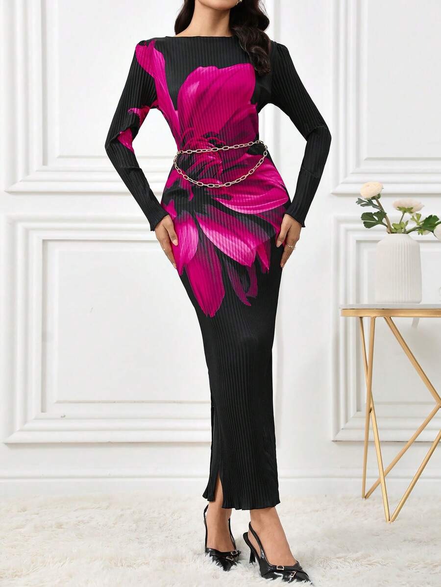 Modelyn Women Elegant Floral Print Fitted Dress, Autumn Long Evening Dresses - Black - View 1