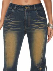 ROMWE Grunge Punk Quần Jeans Nữ Ống Loe Cạp Thấp, Vải Vá Lông Viền Thấp Y2K Distressed - Màu xanh lam - Xem 2