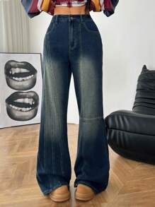 SHEIN EZwear 女士秋冬工装基本款牛仔撞色滚边小喇叭裤 - 藍色 - 查看 3