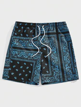 Manfinity BRENVOR Men's Vacation Style Drawstring Waist Paisley Scarf Print Shorts, Summer