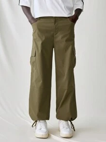 Manfinity VCAY Men's Woven Casual Solid Color Loose Elastic Waist Drawstring Cargo Pants - Army Green - View 4