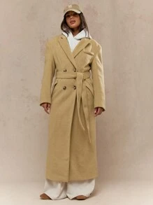 MISSGUIDED Long Double Breasted Wool Trench Winter Coat Mid Length Outerwear Classic Belted Overcoat Modern Business Professional Warm Season Professional - Yellow - View 1