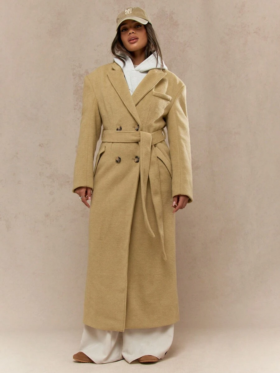 MISSGUIDED Long Double Breasted Wool Trench Winter Coat Mid Length Outerwear Classic Belted Overcoat Modern Business Professional Warm Season Professional - Yellow - View 1