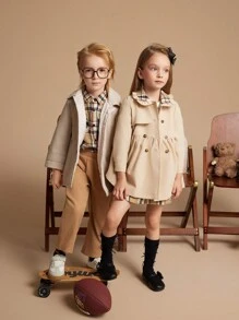 PrepCrw Young Girls' English Style Plaid Patchwork Lapel Double-Breasted Long Trench Coat, Waist-Cinched, Brown Color For Back To School, Autumn/Winter - Khaki - View 3