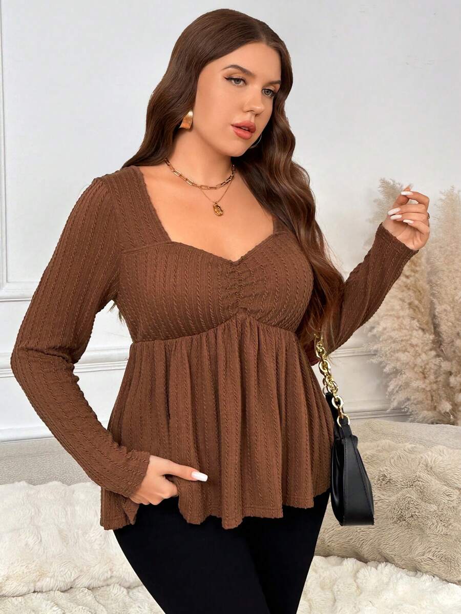 SHEIN Frenchy Plus Size Simple Solid Color Textured Sweetheart Neck T-Shirt, Casual For Autumn - Brown - View 1