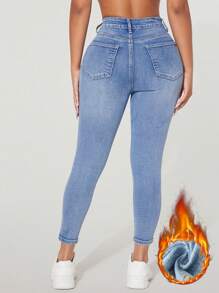 SHEIN PETITE 高腰纽扣装饰修身弹力做旧Y2K牛仔裤，带保暖内衬和口袋，秋冬加厚牛仔布 - 藍色 - 查看 2