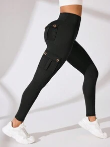 Easithlete Women's Solid Color Button Trim Casual Sports Leggings Yoga Pants - Black - View 6