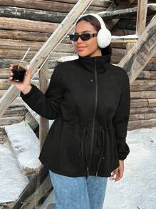 SHEIN EZwear Plus Size Casual Drawstring Waist Soft Air Layer Jacket For Autumn And Winter - Black - View 3