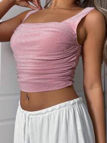 SHEIN EZwear Women's Pink Sparkly Metallic Thread Gathered Sleeveless Top, Summer