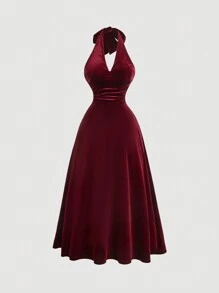 SHEIN MOD 大码纯色吊带天鹅绒优雅露背无袖连衣裙 - 酒紅色 - 查看 1