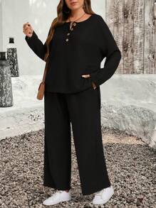EMERY ROSE Plus Size Winterkleding Voor Vrouwen Vakantie-outfits Vrouw 2-delige Set Effen Kleur Lange Mouw Top En Lange Broek Casual Outfit