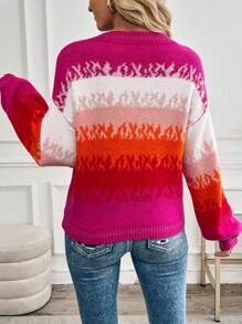 Chiquease Multi-Color Patchwork V-Neck Lantern Sleeve Thick Warm Pullover Sweater For Women Knit Pullover Fall Winter Outfit - Multicolor - View 2