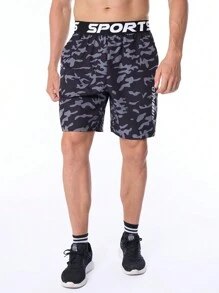 Manfinity Running Boyfriend-Stil Herren Shorts mit Buchstaben-Muster und Taschen, Camouflage, Lässig, Sport - Schwarz - Übersicht 5