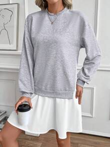 SHEIN LUNE Women Autumn Casual Dropped Shoulder Loose Fit Crew Neck Long Sleeve Sweatshirt Pullover Fall Outfit - Grey - View 7