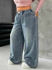 SHEIN ICON Plus Size Blue Loose Wide-Leg Boyfriend Jeans, Streetwear Style, Fall Women Clothes - Medium Wash - View 6