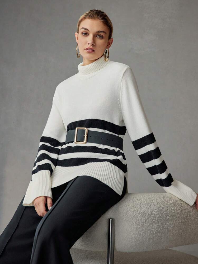 STRIPED PATTERN TURTLENECK SPLIT HEM SWEATER WITHOUT BELT