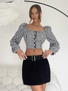 Calvaya Puff Sleeve Cropped Plaid Shirt, Casual Autumn