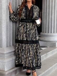 SHEIN LUNE 大码秋季时尚蕾丝拼布印花长裙大码秋季服装女装 - 彩色 - 查看 1