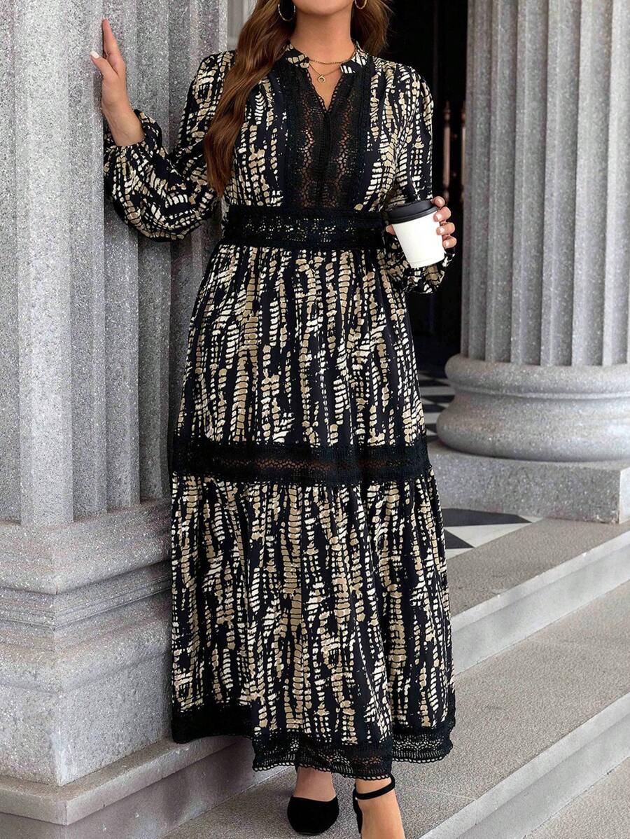 SHEIN LUNE 大码秋季时尚蕾丝拼布印花长裙大码秋季服装女装 - 彩色 - 查看 1