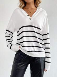SHEIN LUNE Women's Autumn Striped Dropped Shoulder Long Sleeve Loose Casual Hoodie