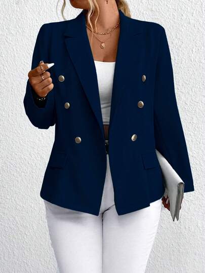 EMERY ROSE Plus Size Women Solid Color Lapel Neck Long Sleeve Metal Double-Breasted Casual Blazer, Autumn Graduation,Back To School,Teacher Outfits For Women Fall Cloth For Women Winter
